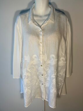 J. Jill White SZ 4 White Linen Embroidered Women's Button-Front Shirt Timeless
